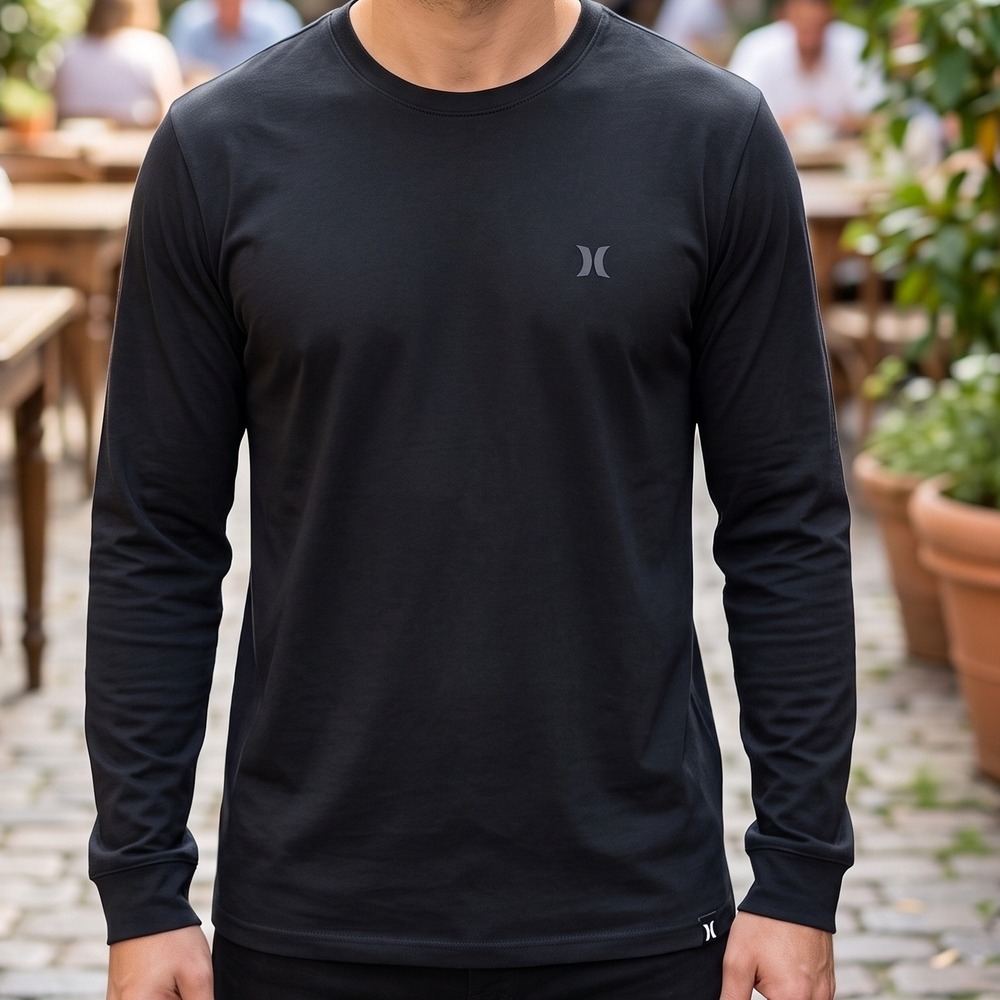 Hurley Mens Long Sleeve T-Shirt Black Solid Crew Neck Surf Tee Logo